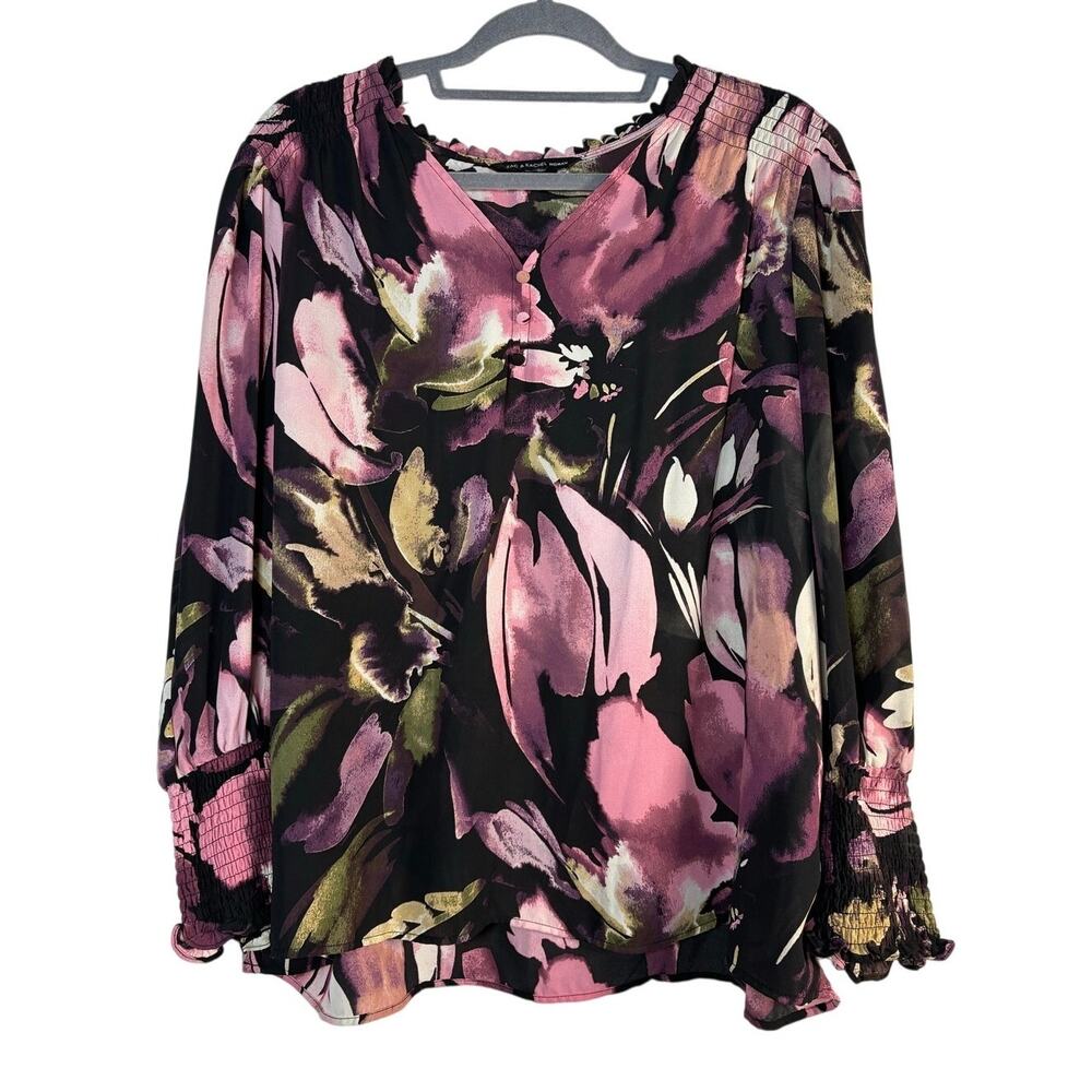 Zac & Rachel Floral Blouse Long Smocked Sleeve Purple Pink Chiffon Est Size 2X